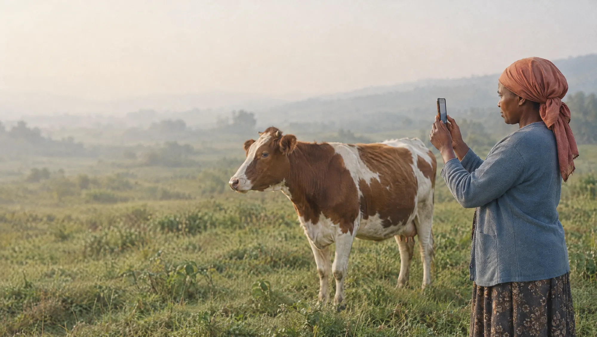 Illustration: a smallholder farmer in a misty green field photographs her cow with her phone.