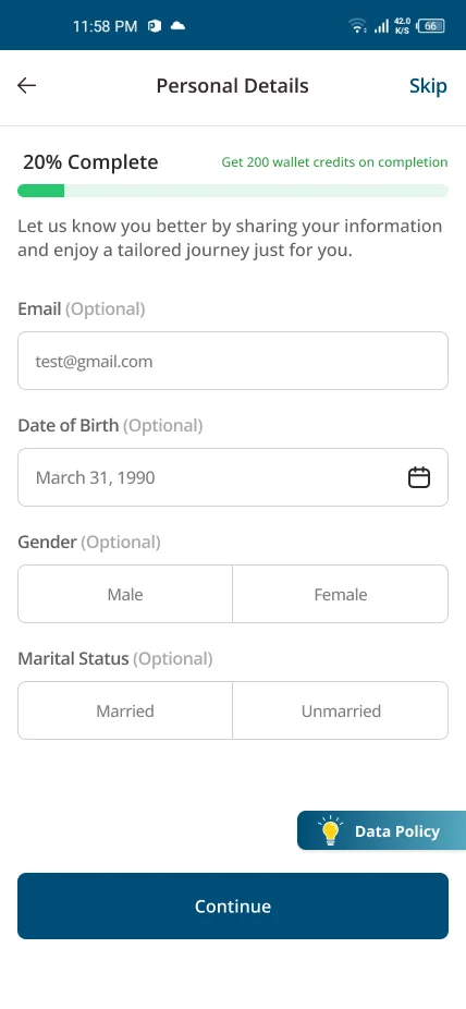 Personal details, all optional, with 200 wallet credits for finishing.