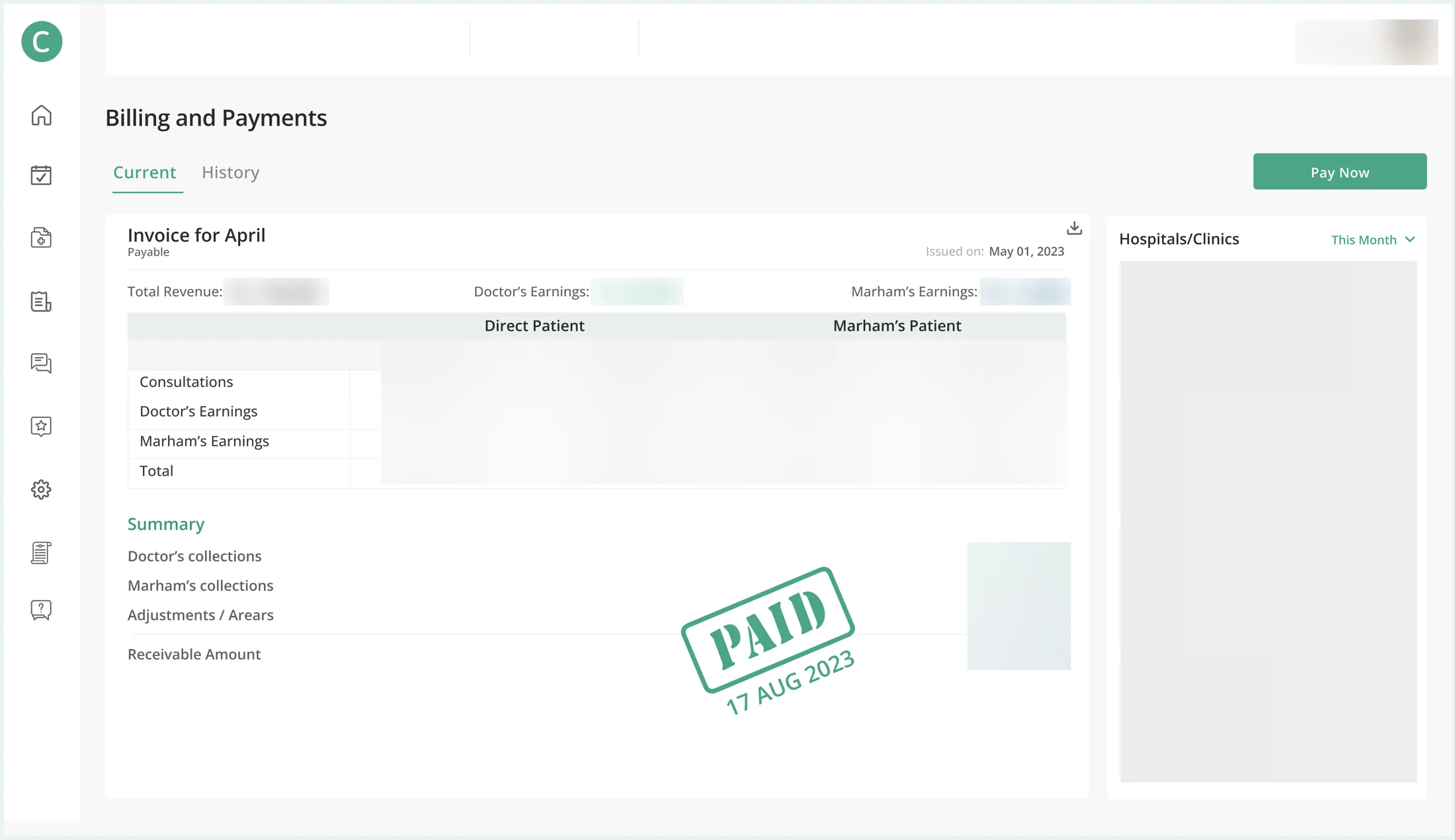 Billing and Payments: an invoice for April split into direct patients and Marham's patients, in-clinic and online, with doctor's earnings and Marham's earnings, a summary and a PAID stamp; a column of hospitals and clinics on the right. Every figure, percentage and hospital name is blurred.