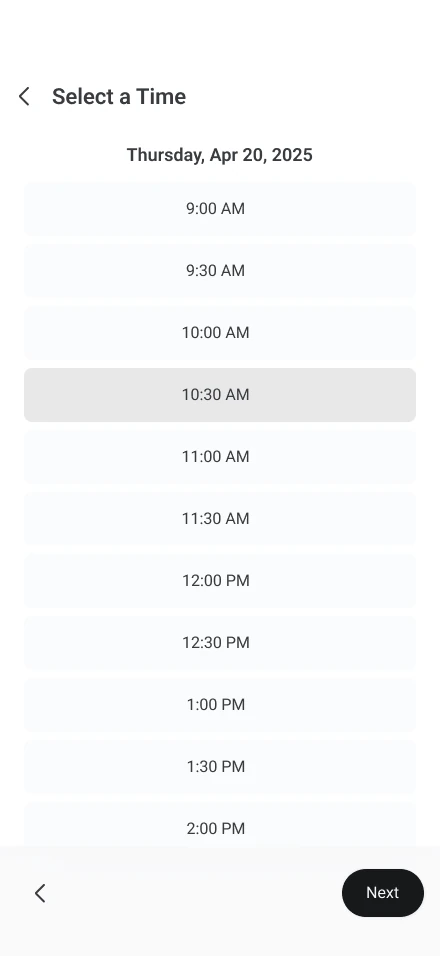Select a Time, with one half-hour slot picked.