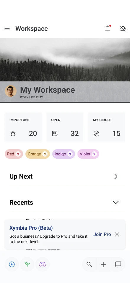 My Workspace home with a card inviting the user to join Xymbia Pro (Beta).