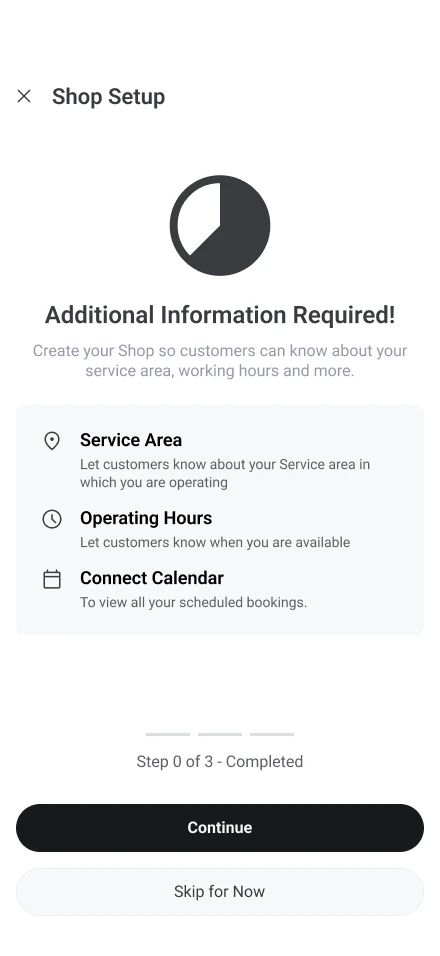 Shop Setup checklist: Service Area, Operating Hours and Connect Calendar.