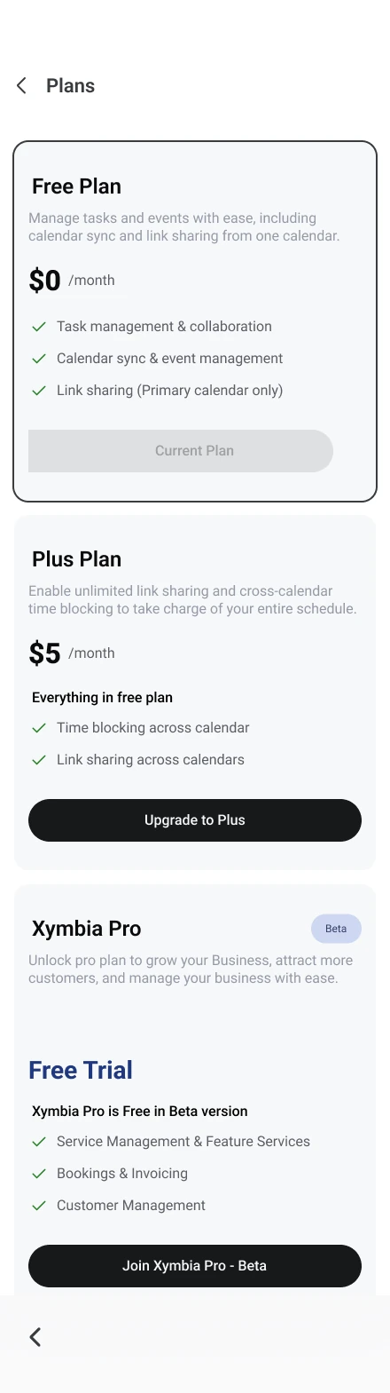 Plans screen: Free Plan, Plus Plan and Xymbia Pro in Beta.